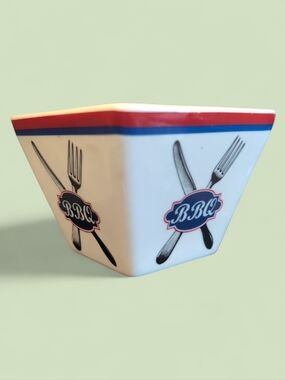 4 X BBQ Ceramic Dip Bowl with Red and Blue Trim